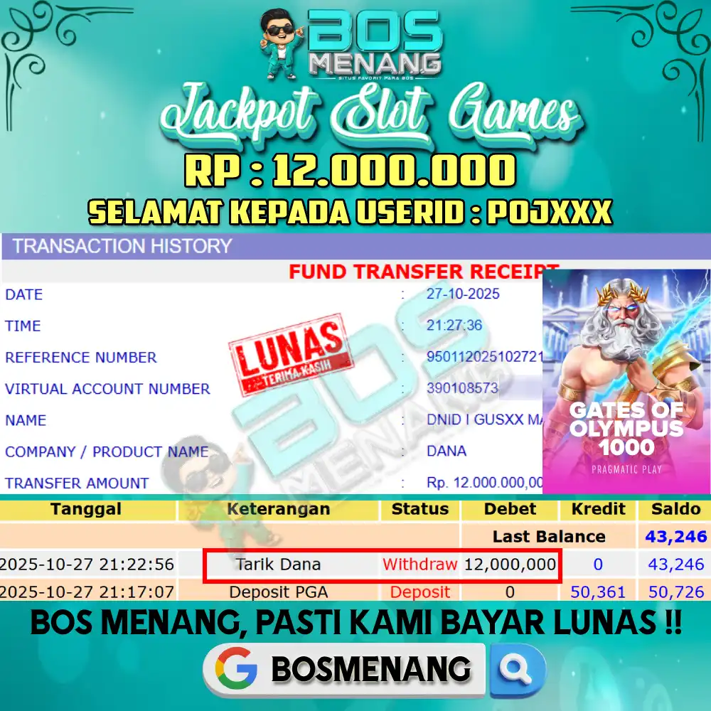 Tanggal 27 OKTOBER  2025 - JACKPOT SLOT GAMES - GATES OF OLYMPUS 1000 (PRAGMATIC PLAY) Rp 12.000.000,-