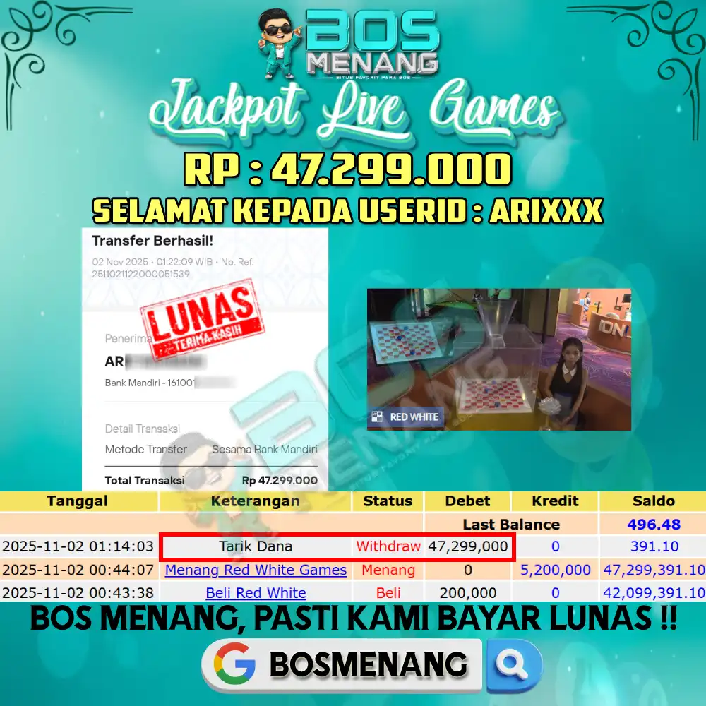 Tanggal 02 NOVEMBER 2025 - JACKPOT LIVE GAMES - RED WHITE Rp 47.299.000,-
