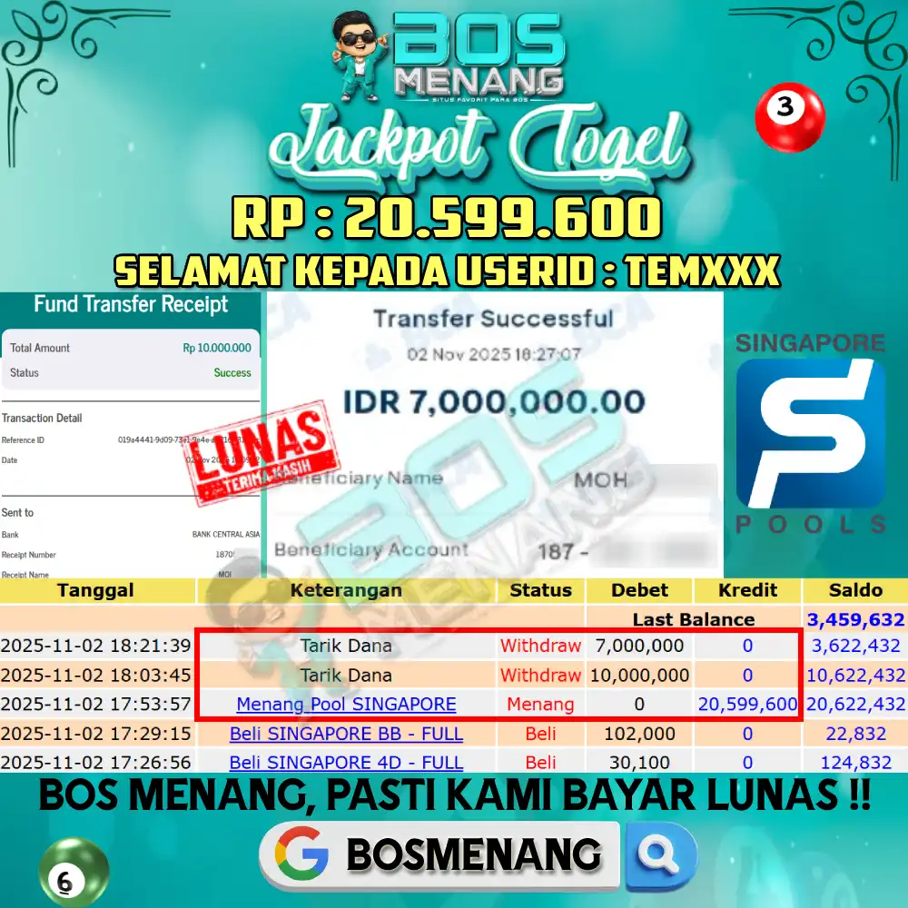 Tanggal 02 NOVEMBER 2025 - JACKPOT TOGEL - SINGAPORE Rp 20.599.600,-