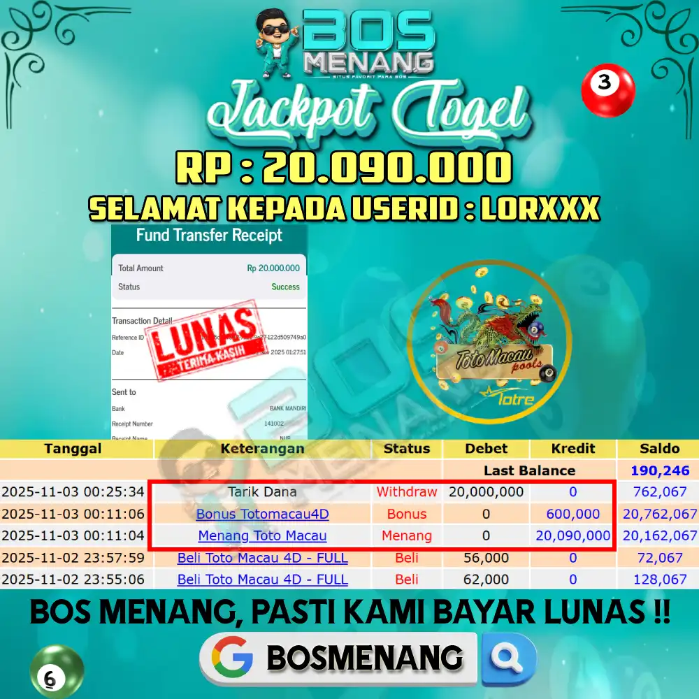 Tanggal 03 NOVEMBER 2025 - JACKPOT TOGEL - TOTOMACAU Rp 20.090.000,-