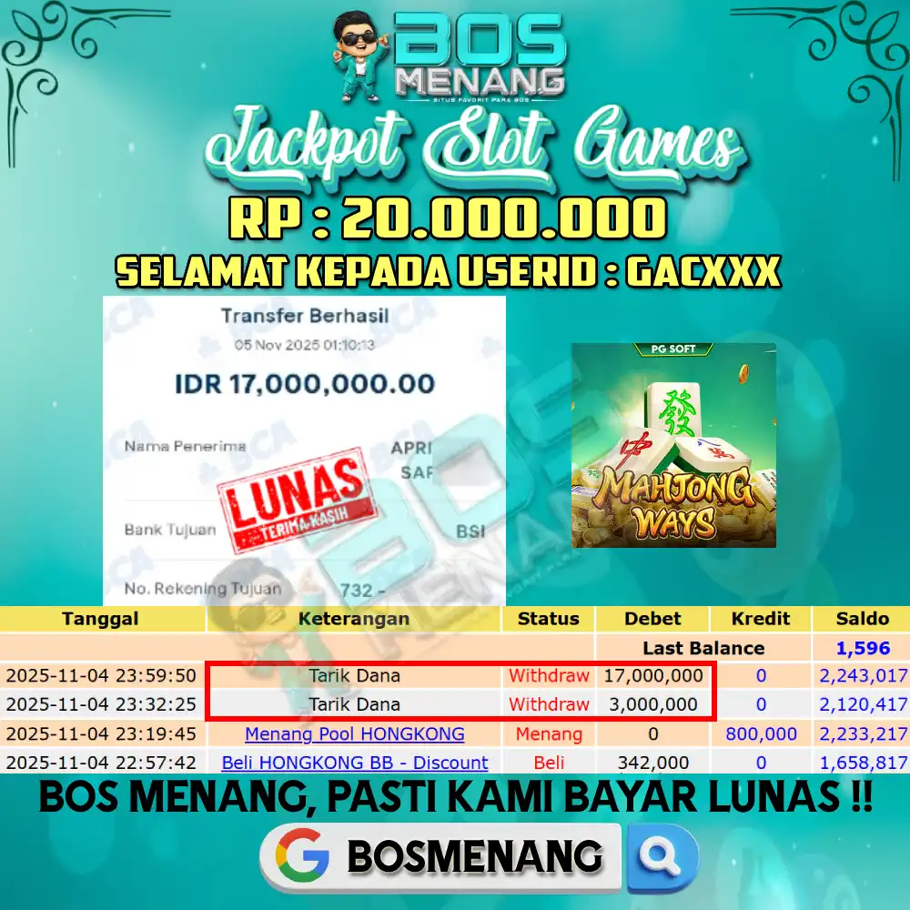 Tanggal 04 NOVEMBER 2025 - JACKPOT SLOT GAMES - MAHJONG WAYS (PG SOFT) Rp 20.000.000,-