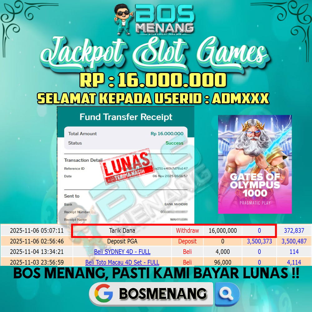 Tanggal 06 NOVEMBER 2025 - JACKPOT SLOT GAMES - GATES OF OLYMPUS 1000 (PRAGMATIC PLAY) Rp 16.000.000,-