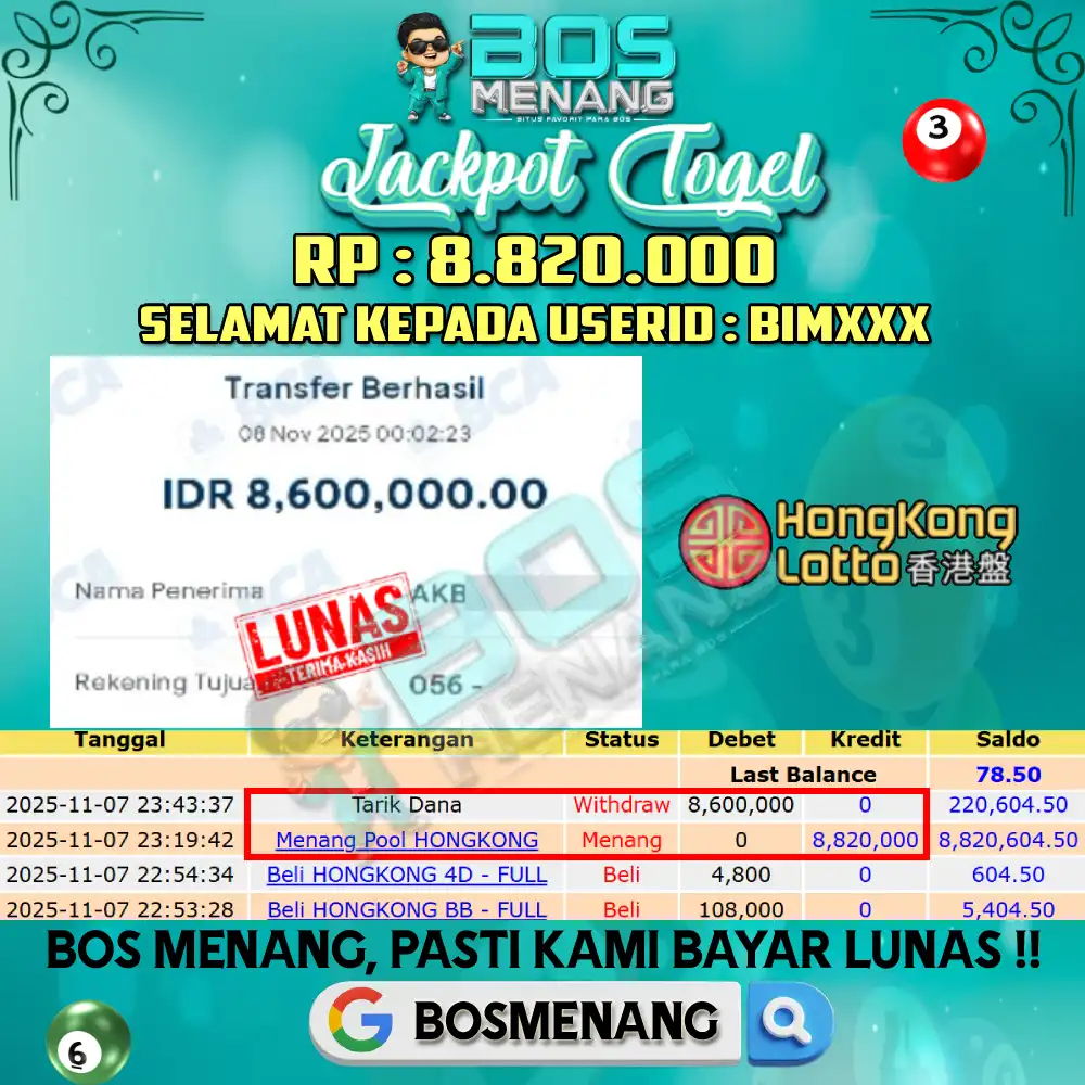Tanggal 07 NOVEMBER 2025 - JACKPOT TOGEL - HONGKONG LOTTO Rp 8.820.000,-