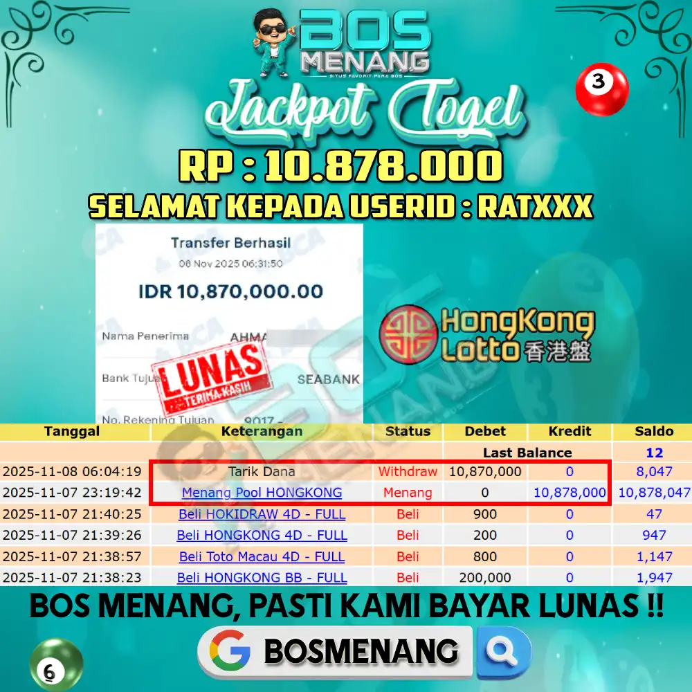 Tanggal 07 NOVEMBER 2025 - JACKPOT TOGEL - HONGKONG LOTTO Rp 10.878.000,-