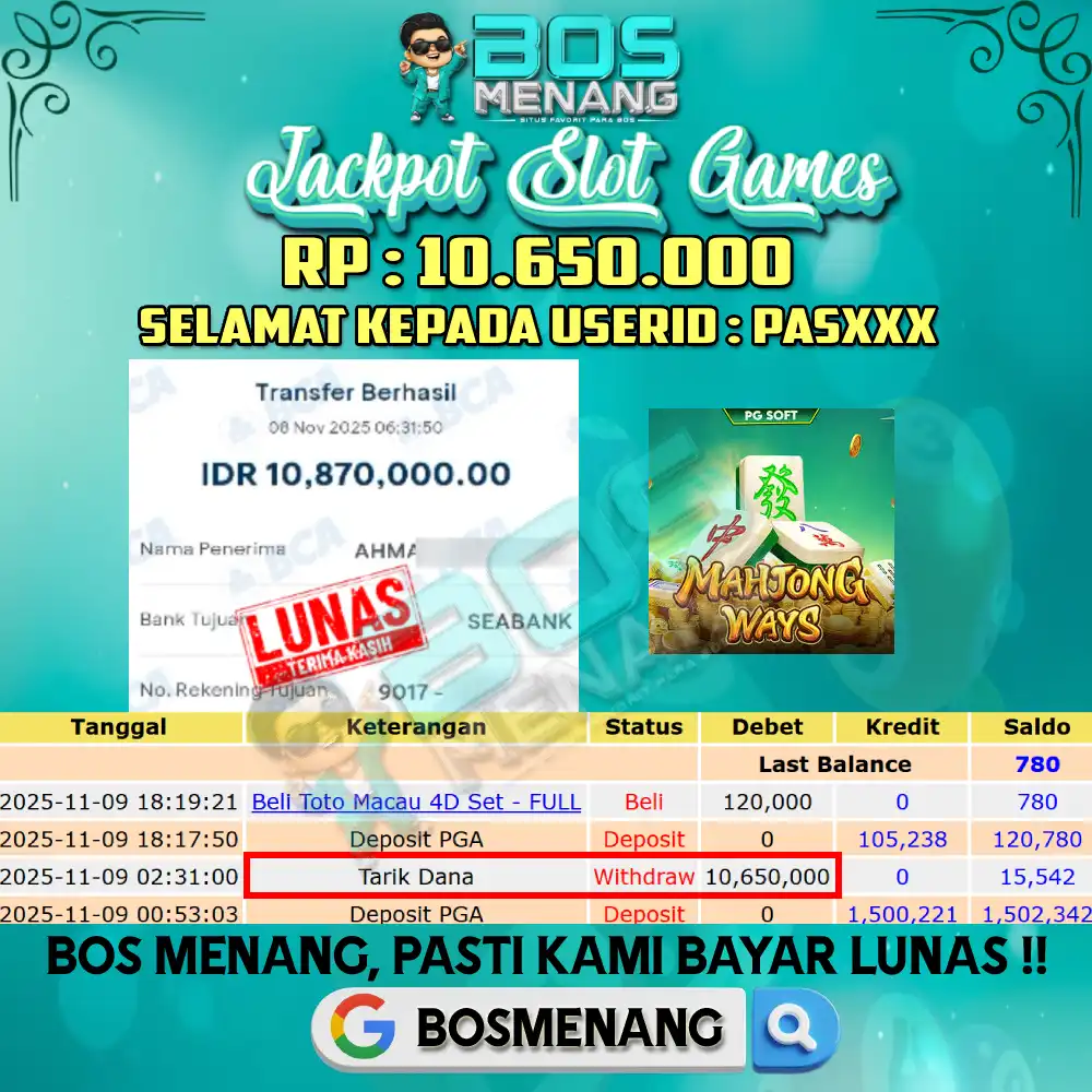 Tanggal 09 NOVEMBER 2025 - JACKPOT SLOT GAMES - MAHJONG WAYS (PG SOFT) Rp 10.650.000,-