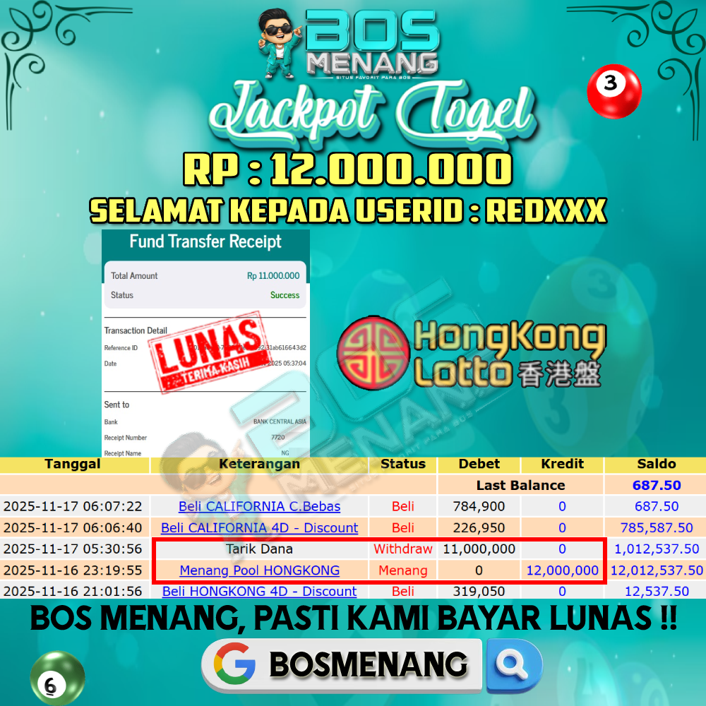 Tanggal 16 NOVEMBER 2025 - JACKPOT TOGEL - HONGKONG LOTTO Rp 12.000.000,-