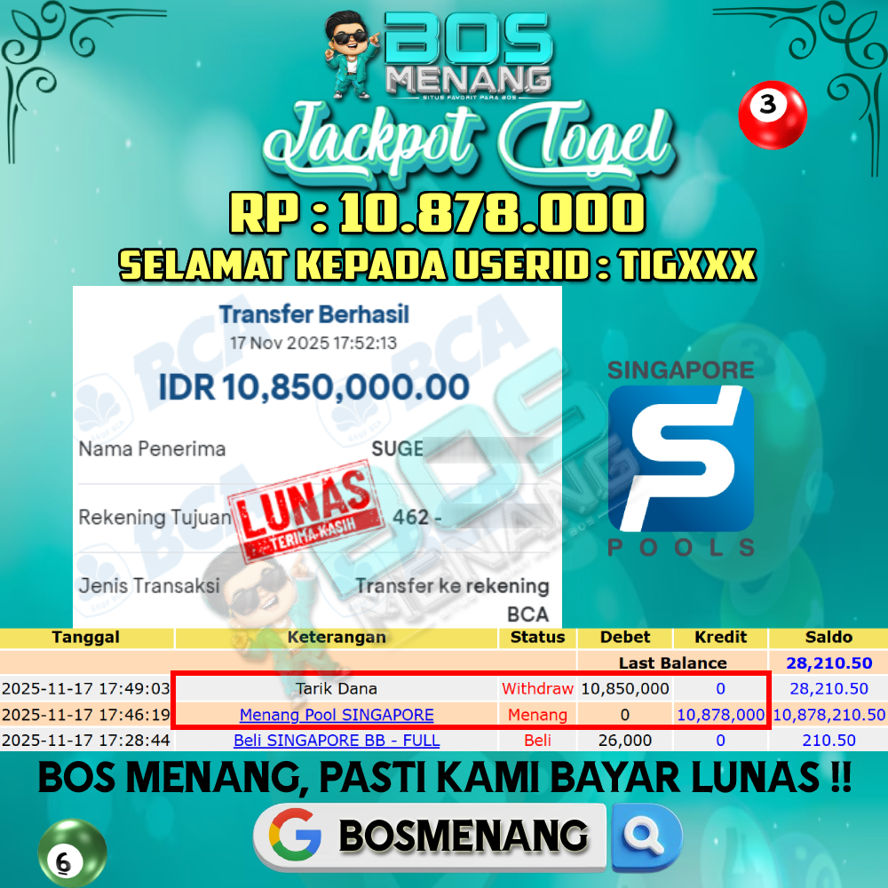 Tanggal 17 NOVEMBER 2025 - JACKPOT TOGEL - SINGAPORE Rp 10.878.000,-