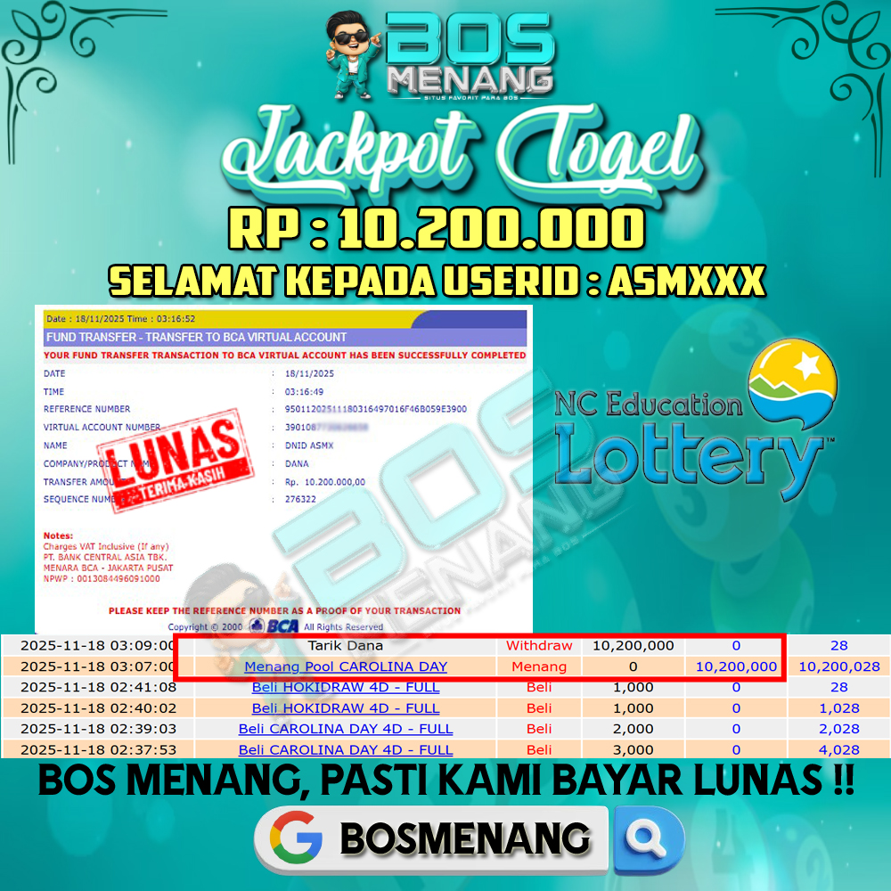 Tanggal 18 NOVEMBER 2025 - JACKPOT TOGEL - CAROLINA DAY  Rp 10.200.000,-
