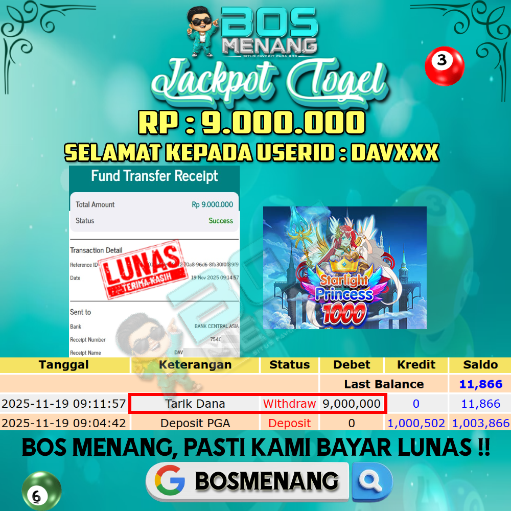 Tanggal 19 NOVEMBER 2025 - JACKPOT SLOT GAMES - STARLIGHT PRINCESS 1000 (PRAGMATIC PLAY)  Rp 9.000.000,-