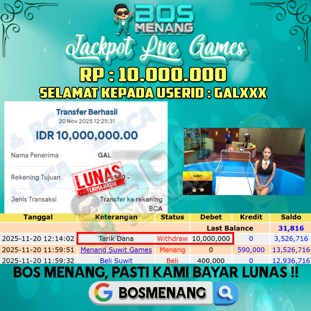 Tanggal 20 NOVEMBER 2025 - JACKPOT LIVE GAMES - SUWIT  Rp 10.000.000,-