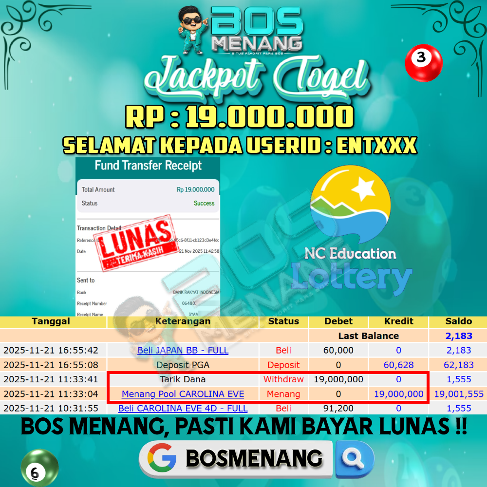 Tanggal 21 NOVEMBER 2025 - JACKPOT TOGEL - CAROLINA  Rp 19.000.000,-