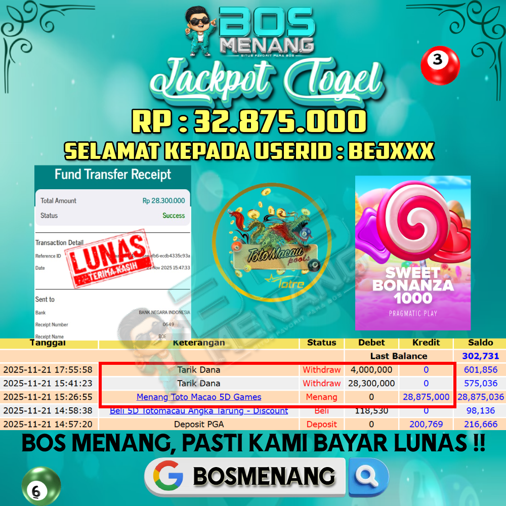 Tanggal 21 NOVEMBER 2025 - JACKPOT TOGEL - TOTOMACAU & SLOT SWEET BONANZA 1000 (PRAGMATIC PLAY) Rp 32.875.000,-