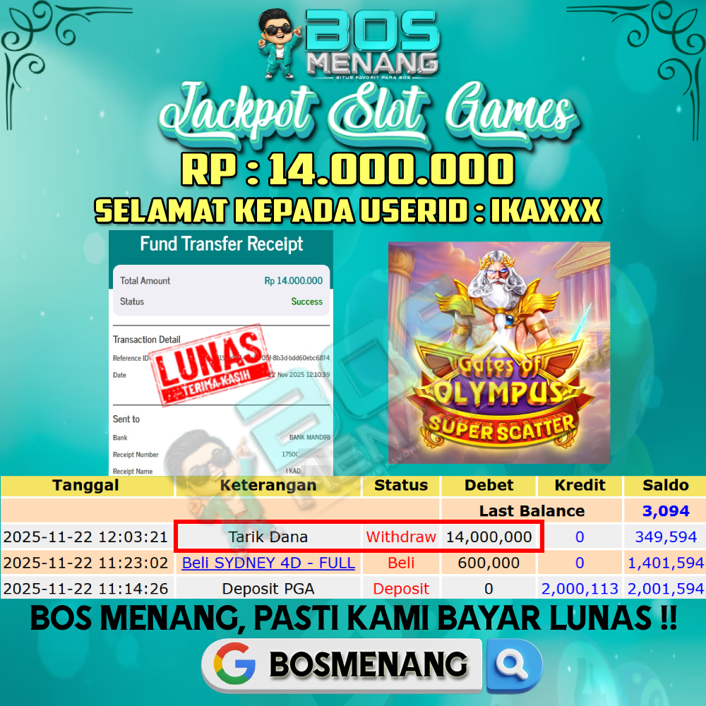 Tanggal 22 NOVEMBER 2025 - JACKPOT SLOT GAMES - GATES OF OLYMPUS SUPER SCATTER (PRAGMATIC PLAY) Rp 14.000.000,-