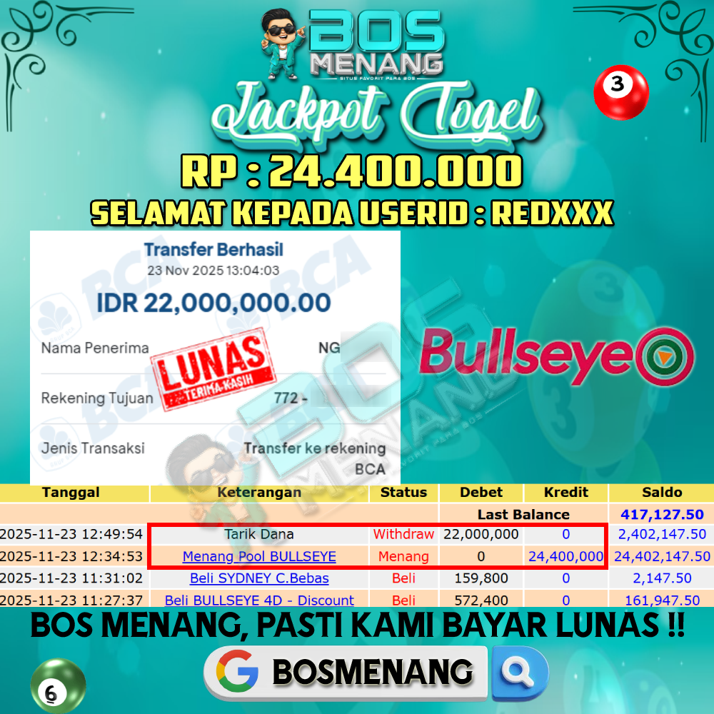 Tanggal 23 NOVEMBER 2025 - JACKPOT TOGEL - BULLSEYE Rp 24.400.000,-
