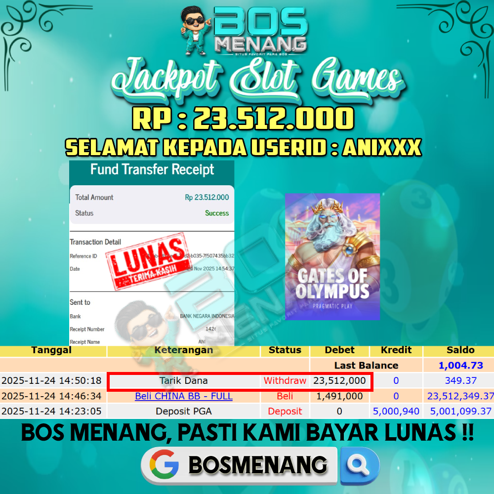 Tanggal 23 NOVEMBER 2025 - JACKPOT SLOT GAMES - GATES OF OLYMPUS (PRAGMATIC PLAY) Rp 23.400.000,-