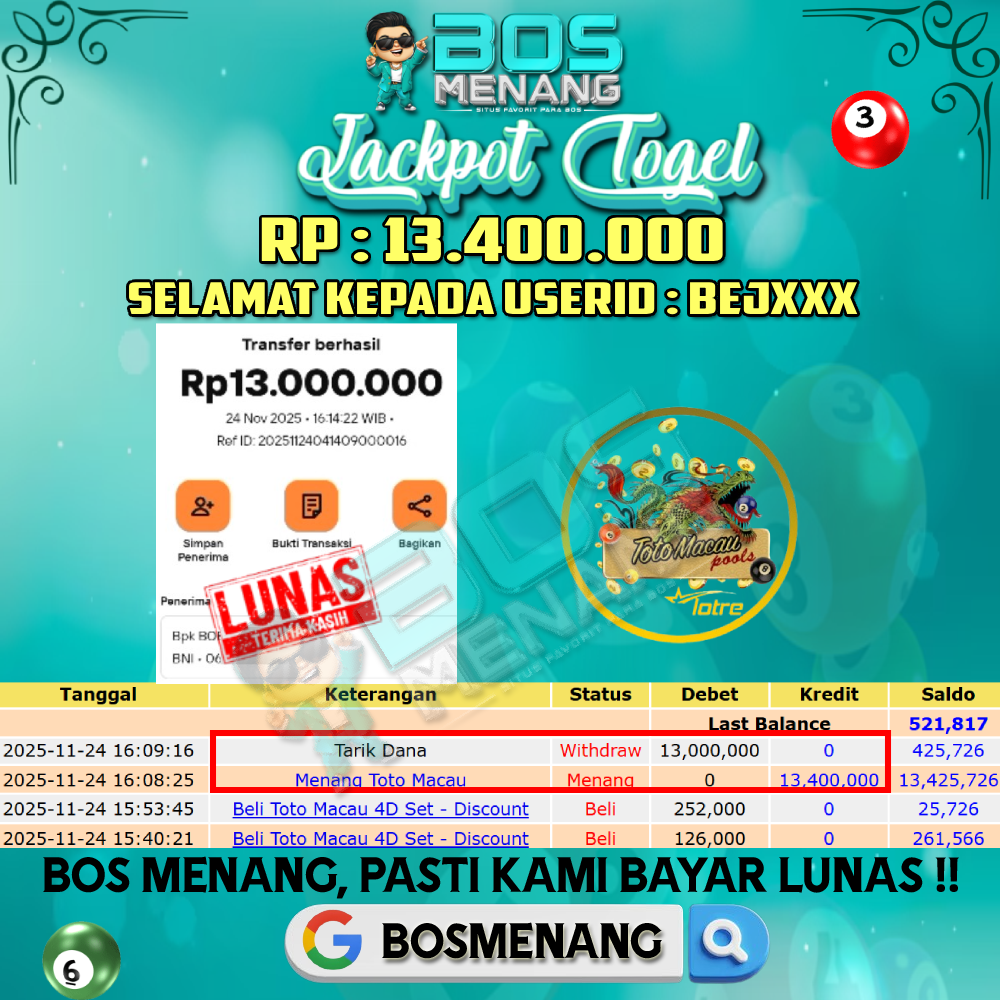 Tanggal 23 NOVEMBER 2025 - JACKPOT TOGEL - TOTOMACAU Rp 13.400.000,-
