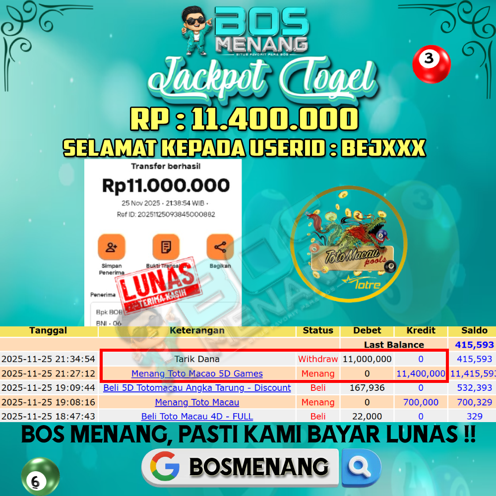 Tanggal 25 NOVEMBER 2025 - JACKPOT TOGEL - TOTOMACAU Rp 11.400.000,-