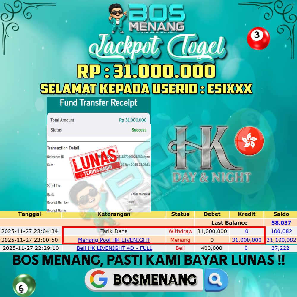 Tanggal 27 NOVEMBER 2025 - JACKPOT TOGEL - HK LIVE NIGHT Rp 31.000.000,-