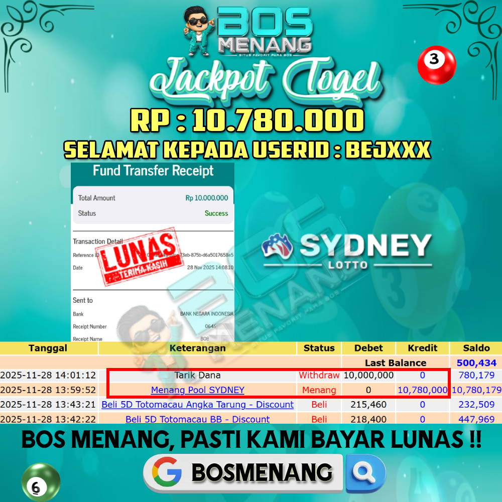 Tanggal 28 NOVEMBER 2025 - JACKPOT TOGEL - SYDNEY LOTTO Rp 10.780.000,-