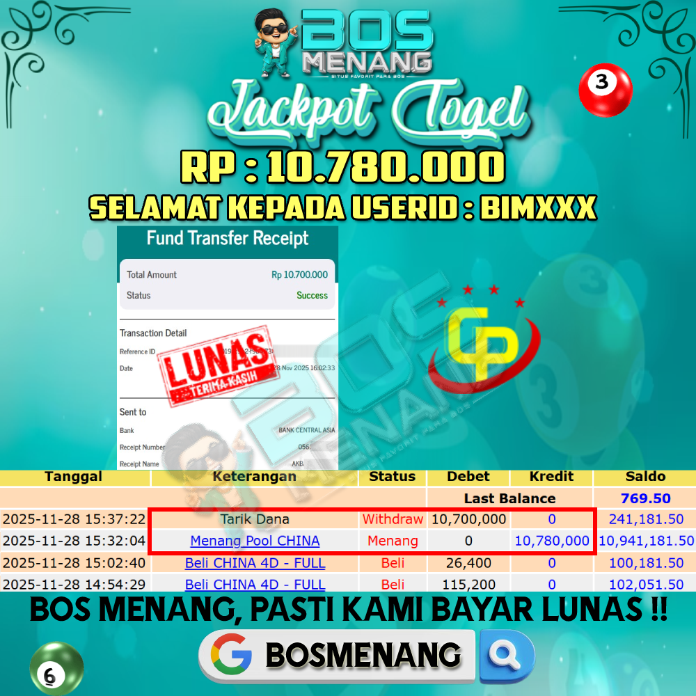 Tanggal 28 NOVEMBER 2025 - JACKPOT TOGEL - CHINA Rp 10.780.000,-