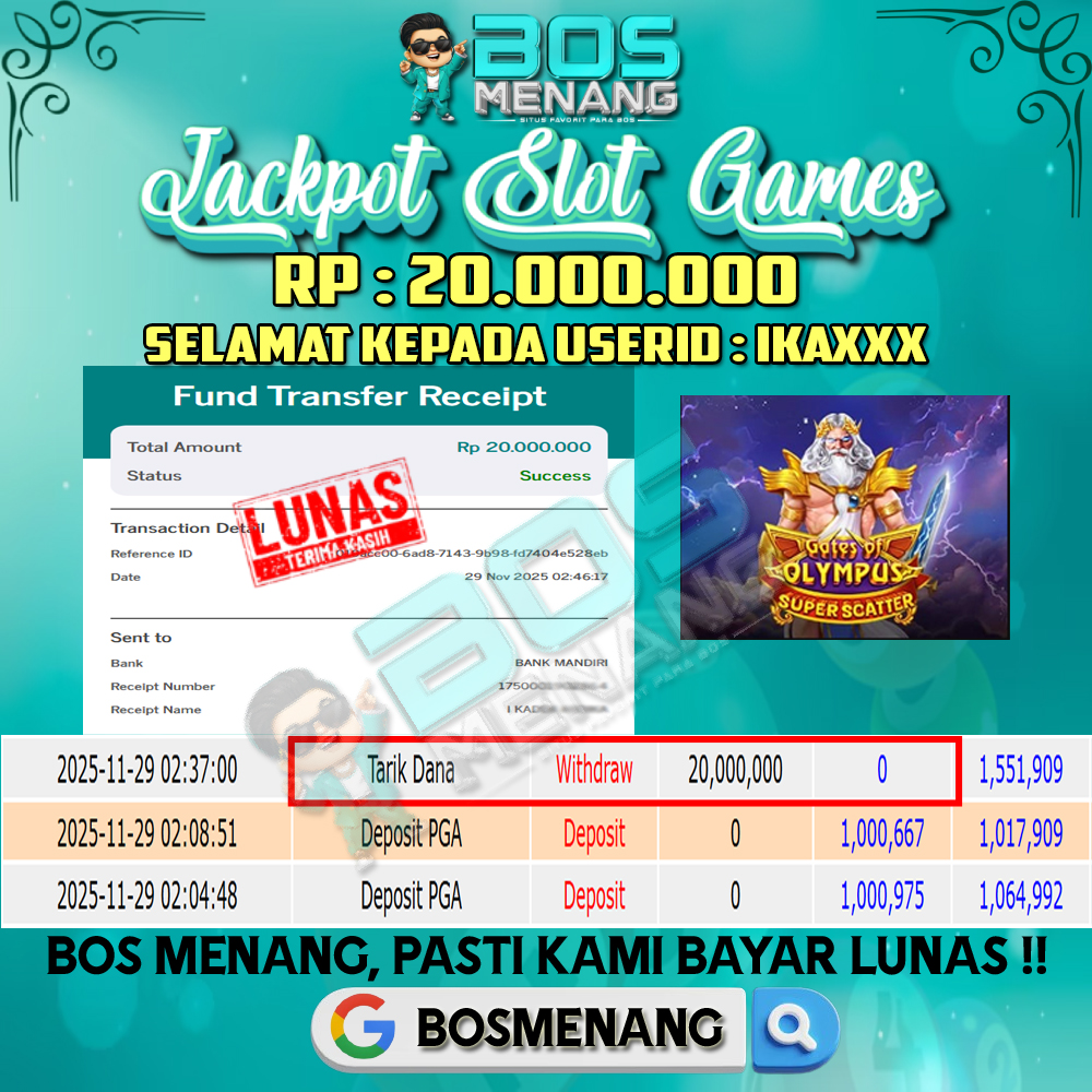 Tanggal 29 NOVEMBER 2025 - JACKPOT SLOT GAMES - GATES OF OLYMPUS SUPER SCATTER (PRAGMATIC PLAY) Rp 20.000.000,-