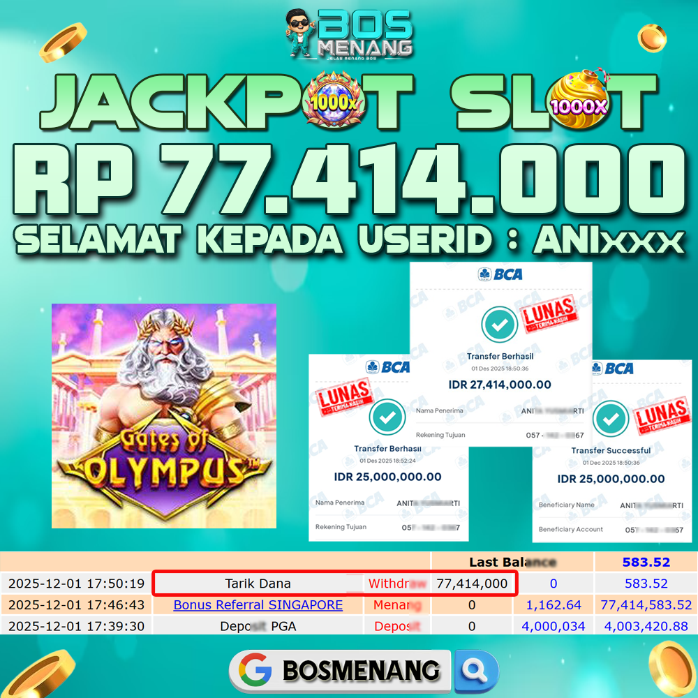 Tanggal 01 DESEMBER 2025 - JACKPOT SLOT GAMES - GATES OF OLYMPUS (PRAGMATIC PLAY) Rp 77.414.000,-