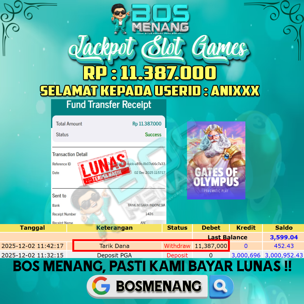 Tanggal 02 DESEMBER 2025 - JACKPOT SLOT GAMES - GATES OF OLYMPUS (PRAGMATIC PLAY) Rp 11.387.000,-