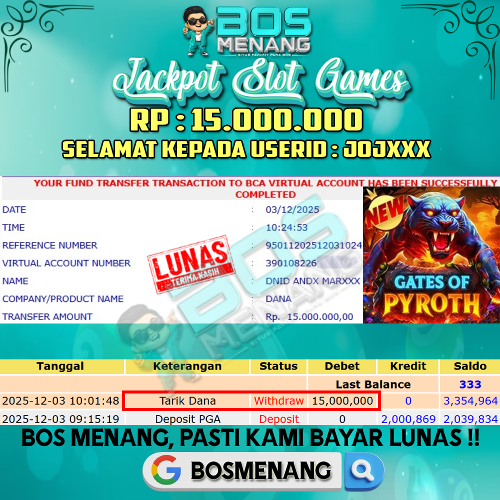 Tanggal 03 DESEMBER 2025 - JACKPOT SLOT GAMES - GATES OF PYROTH (PRAGMATIC PLAY) Rp 15.000.000,-