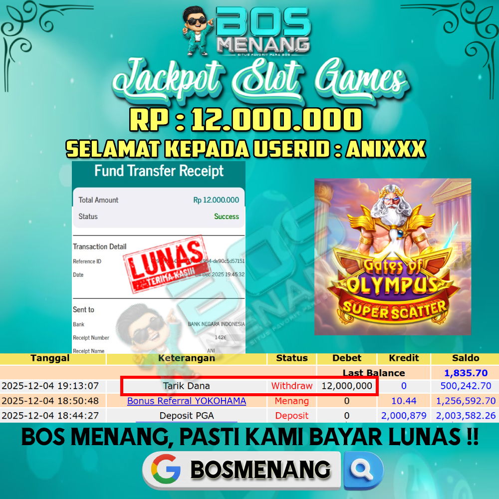 Tanggal 04 DESEMBER 2025 - JACKPOT SLOT GAMES - GATES OF OLYMPUS SUPER SCATTER (PRAGMATIC PLAY) Rp 12.000.000,-