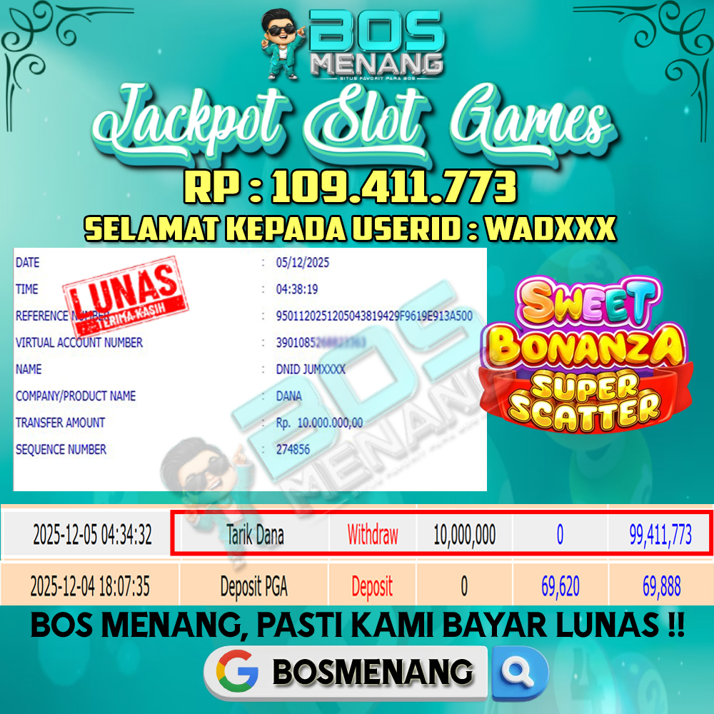 Tanggal 05 DESEMBER 2025 - JACKPOT SLOT GAMES - SWEET BONANZA SUPER SCATTER (PRAGMATIC PLAY) Rp 109.411.773,-