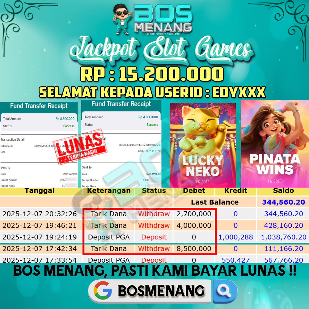 Tanggal 07 DESEMBER 2025 - JACKPOT SLOT GAMES - LUCKY NEKO & PINATA WINS (PG SOFT) Rp 15.200.000,-