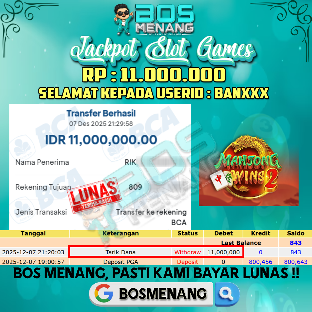 Tanggal 07 DESEMBER 2025 - JACKPOT SLOT GAMES - MAHJONG WINS 2 (PRAGMATIC PLAY) Rp 11.000.000,-