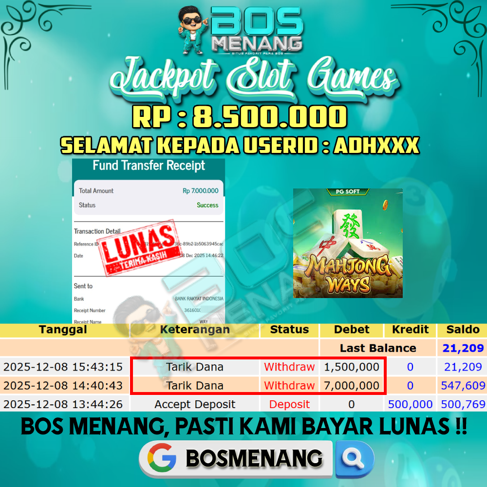 Tanggal 08 DESEMBER 2025 - JACKPOT SLOT GAMES - MAHJONG WAYS (PG SOFT) Rp 8.500.000,-