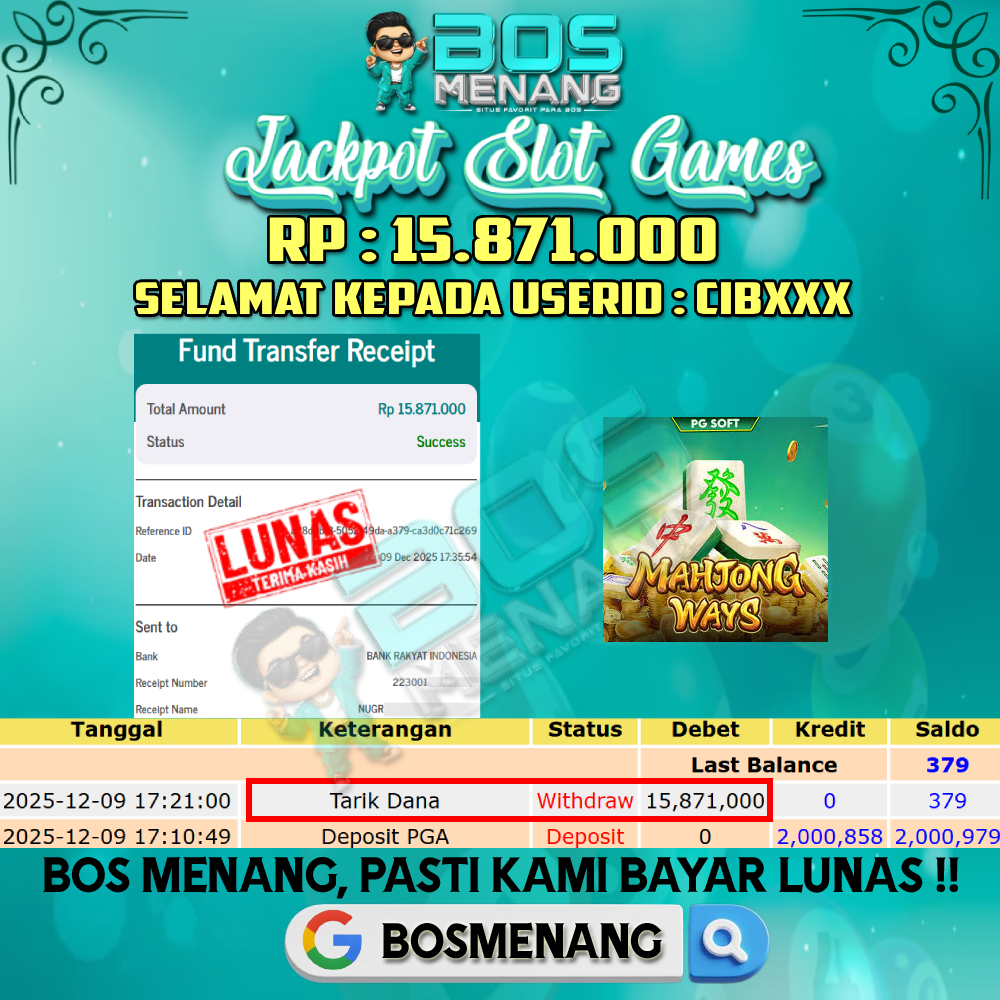 Tanggal 09 DESEMBER 2025 - JACKPOT SLOT GAMES - MAHJONG WAYS (PG SOFT) Rp 15.871.000,-