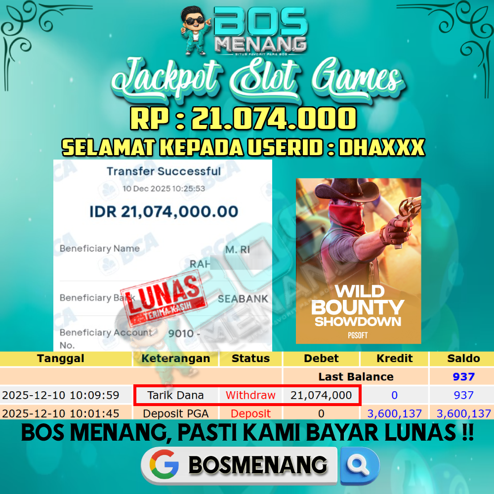 Tanggal 10 DESEMBER 2025 - JACKPOT SLOT GAMES - WILD BOUNTY SHOWDOWN (PG SOFT) Rp 21.074.000,-