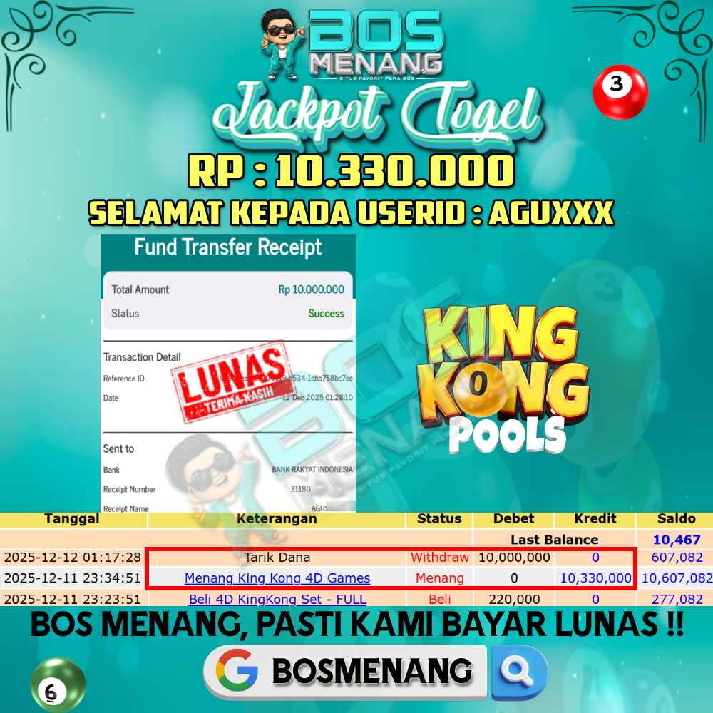 Tanggal 11 DESEMBER 2025 - JACKPOT TOGEL - KINGKONG Rp 10.330.000,-