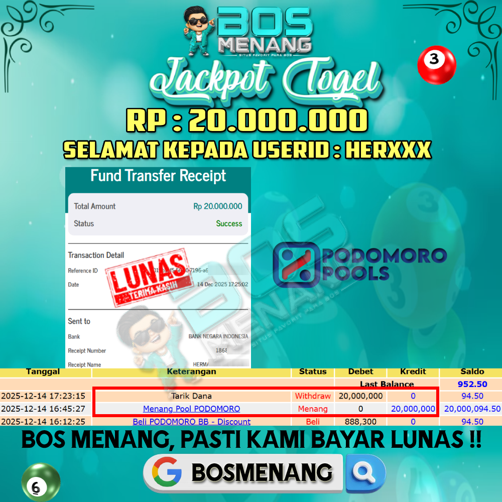 Tanggal 14 DESEMBER 2025 - JACKPOT TOGEL - PODOMORO Rp 20.000.000,-
