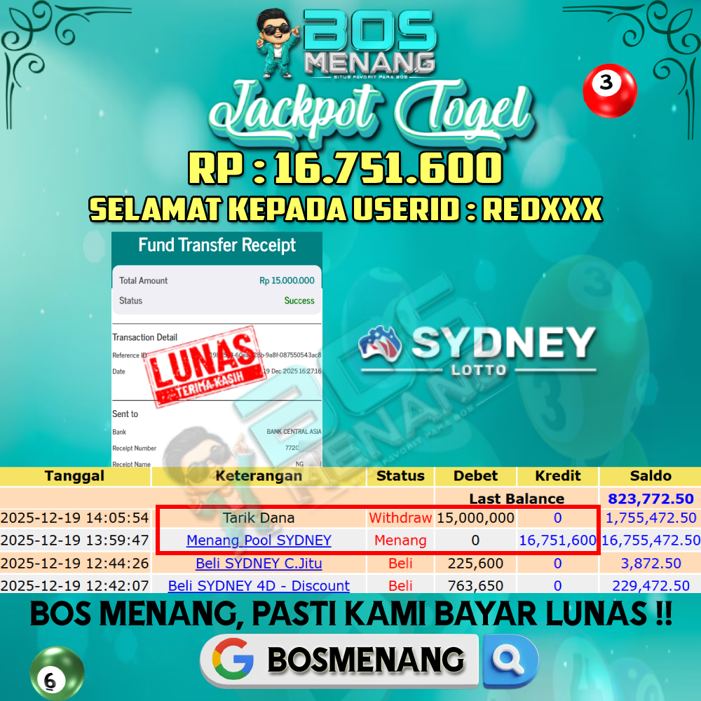 Tanggal 19 DESEMBER 2025 - JACKPOT TOGEL - SYDNEY LOTTO Rp 16.751.000,-