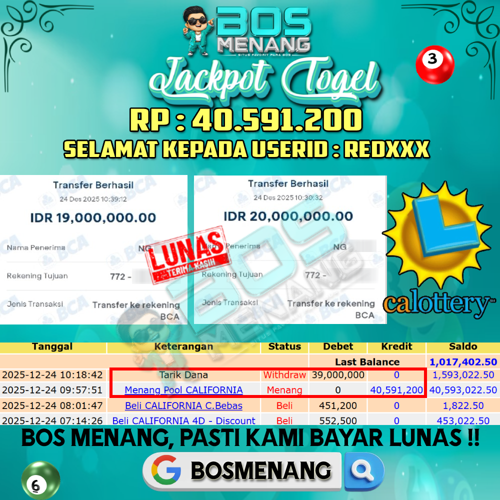 Tanggal 24 DESEMBER 2025 - JACKPOT TOGEL - CALIFORNIA Rp 40.591.200,-