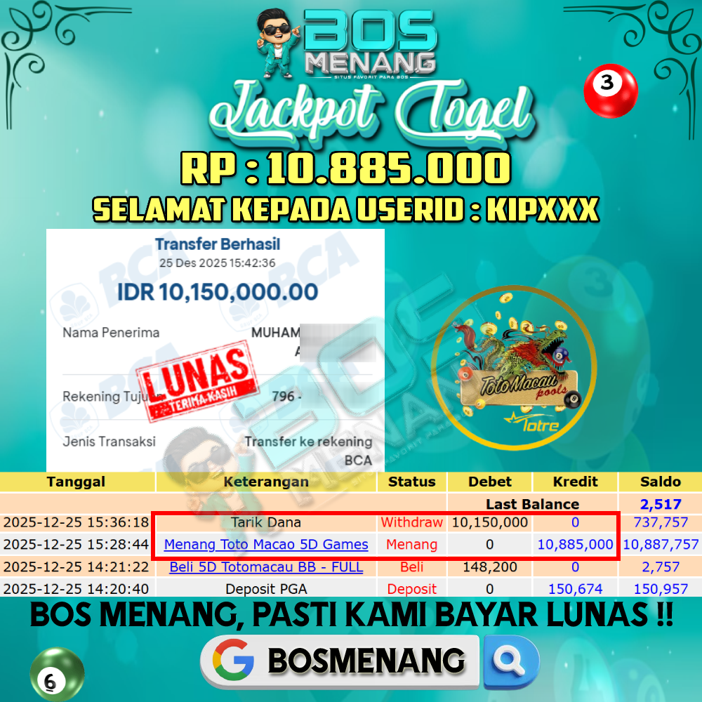 Tanggal 25 DESEMBER 2025 - JACKPOT TOGEL - TOTOMACAU Rp 10.885.000,-