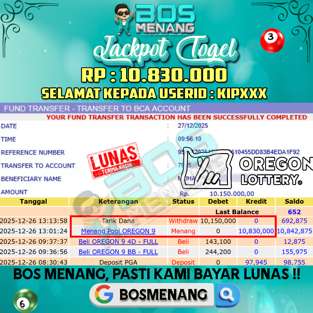 Tanggal 26 DESEMBER 2025 - JACKPOT TOGEL - OREGON Rp 10.830.000,-