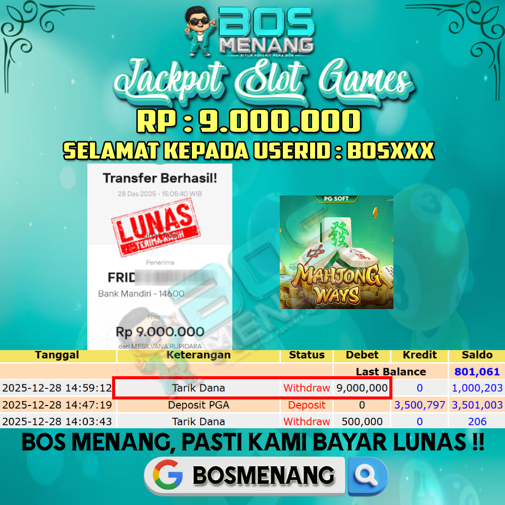 Tanggal 28 DESEMBER 2025 - JACKPOT SLOT GAMES - MAHJONG WAYS (PG SOFT) Rp 9.000.000,-