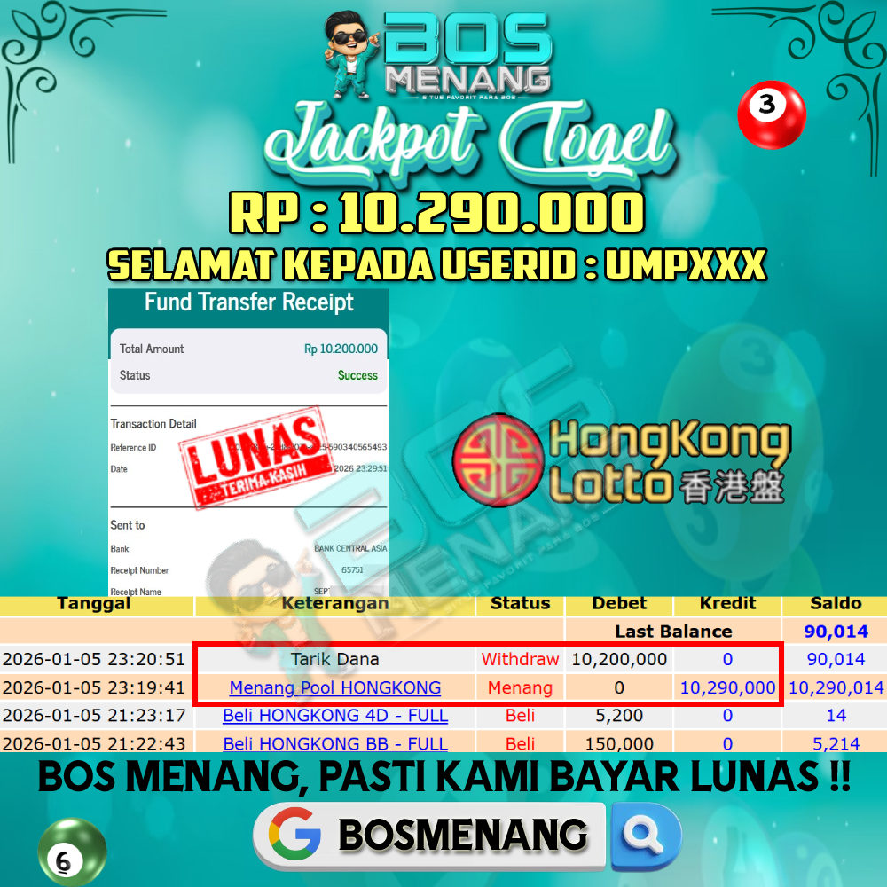 Tanggal 05 JANUARI 2026 - JACKPOT TOGEL - HONGKONG LOTTO Rp 10.290.000,-