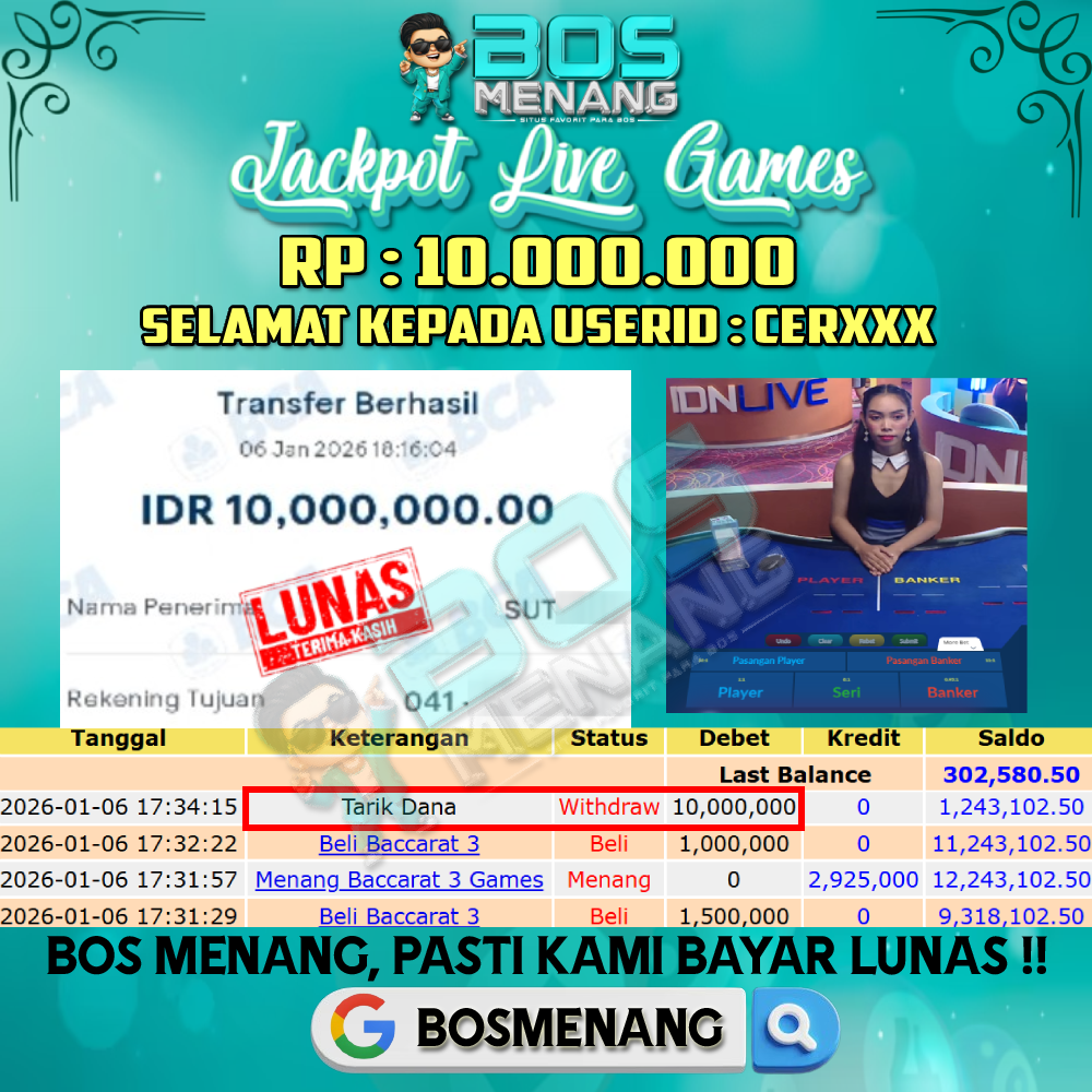 Tanggal 06 JANUARI 2026 - JACKPOT LIVE GAMES - BACCARAT Rp 10.000.000,-