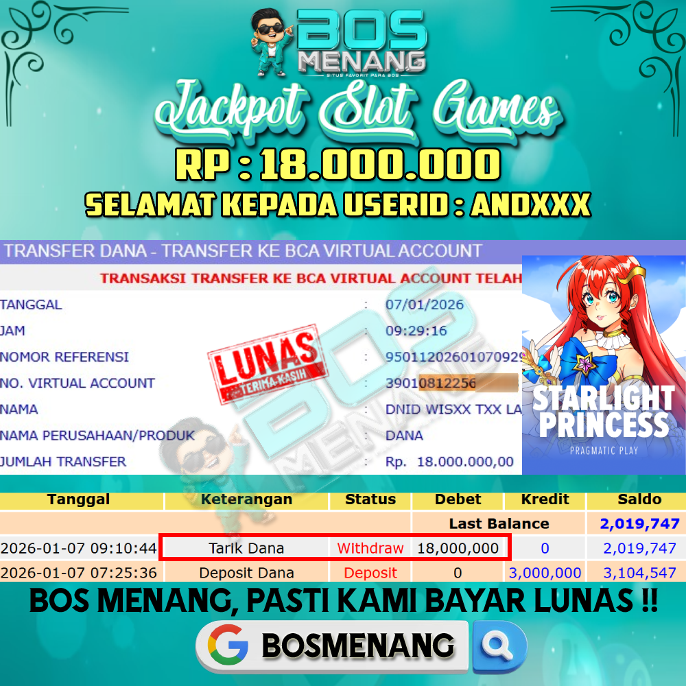 Tanggal 07 JANUARI 2026 - JACKPOT SLOT GAMES - STARLIGHT PRINCESS (PRAGMATIC PLAY) Rp 18.000.000,-