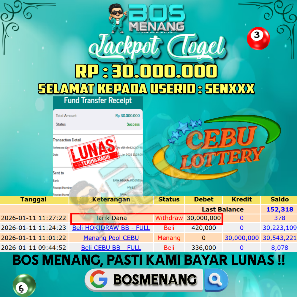 Tanggal 11 JANUARI 2026 - JACKPOT TOGEL - CEBU Rp 30.000.000,-