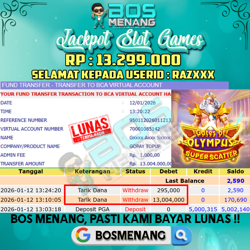 Tanggal 12 JANUARI 2026 - JACKPOT SLOT GAMES - GATES OF OLYMPUS SUPER SCATTER (PRAGMATIC PLAY) Rp 13.299.000,-