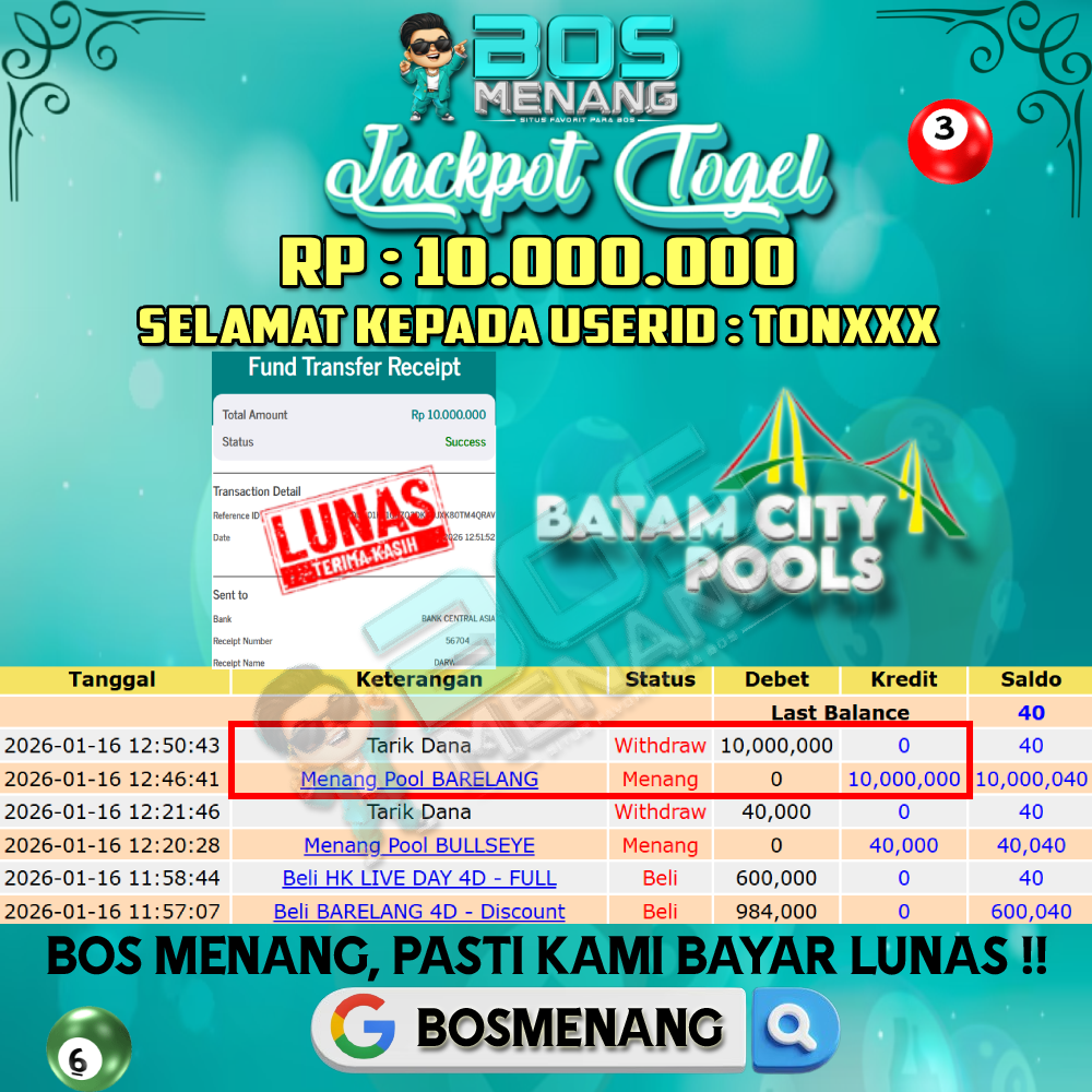 Tanggal 16 JANUARI 2026 - JACKPOT TOGEL - BARELANG Rp 10.000.000,-