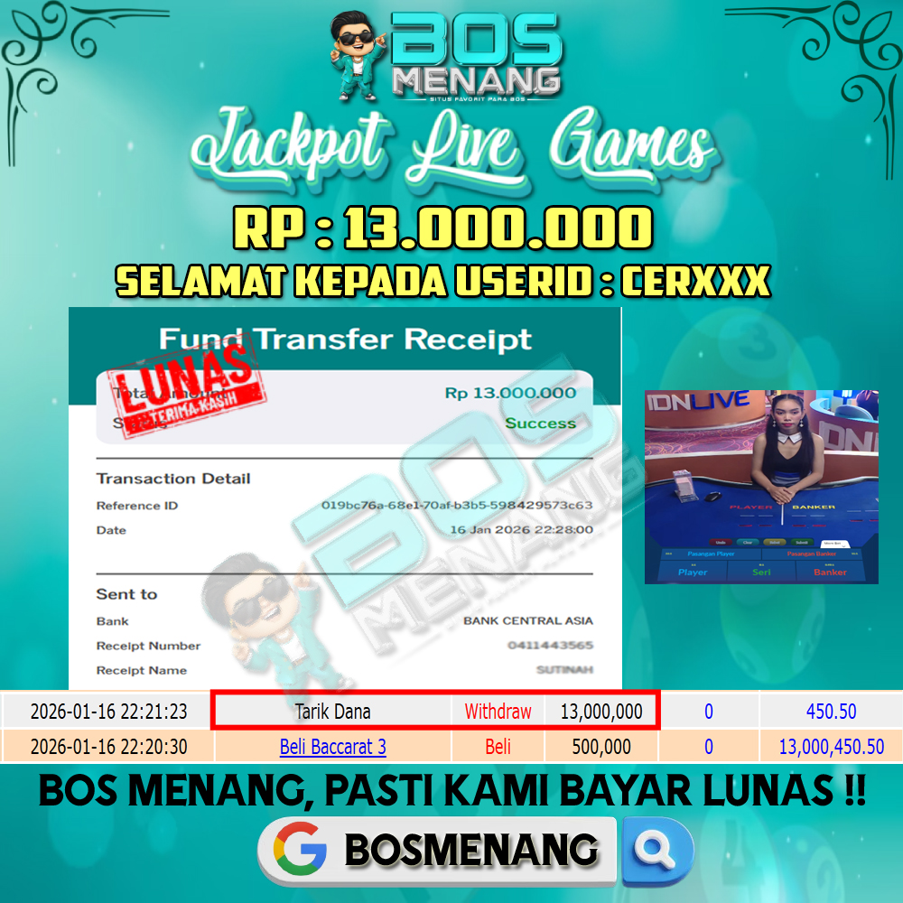 Tanggal 16 JANUARI 2026 - JACKPOT LIVE GAME - BACCARAT (IDN LIVE) Rp 13.000.000,-