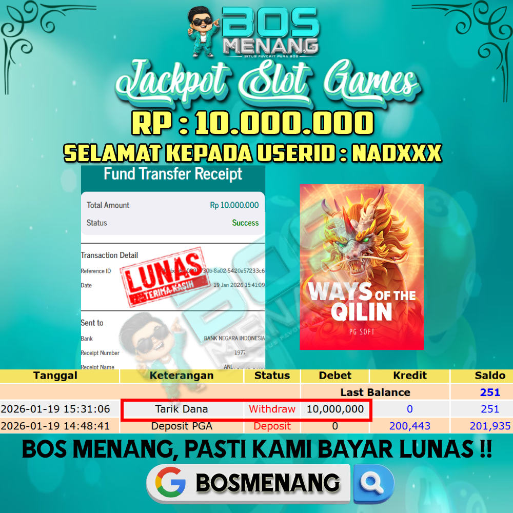 Tanggal 19 JANUARI 2026 - JACKPOT SLOT GAMES - WAYS OF THE QILIN (PG SOFT) Rp 10.000.000,-